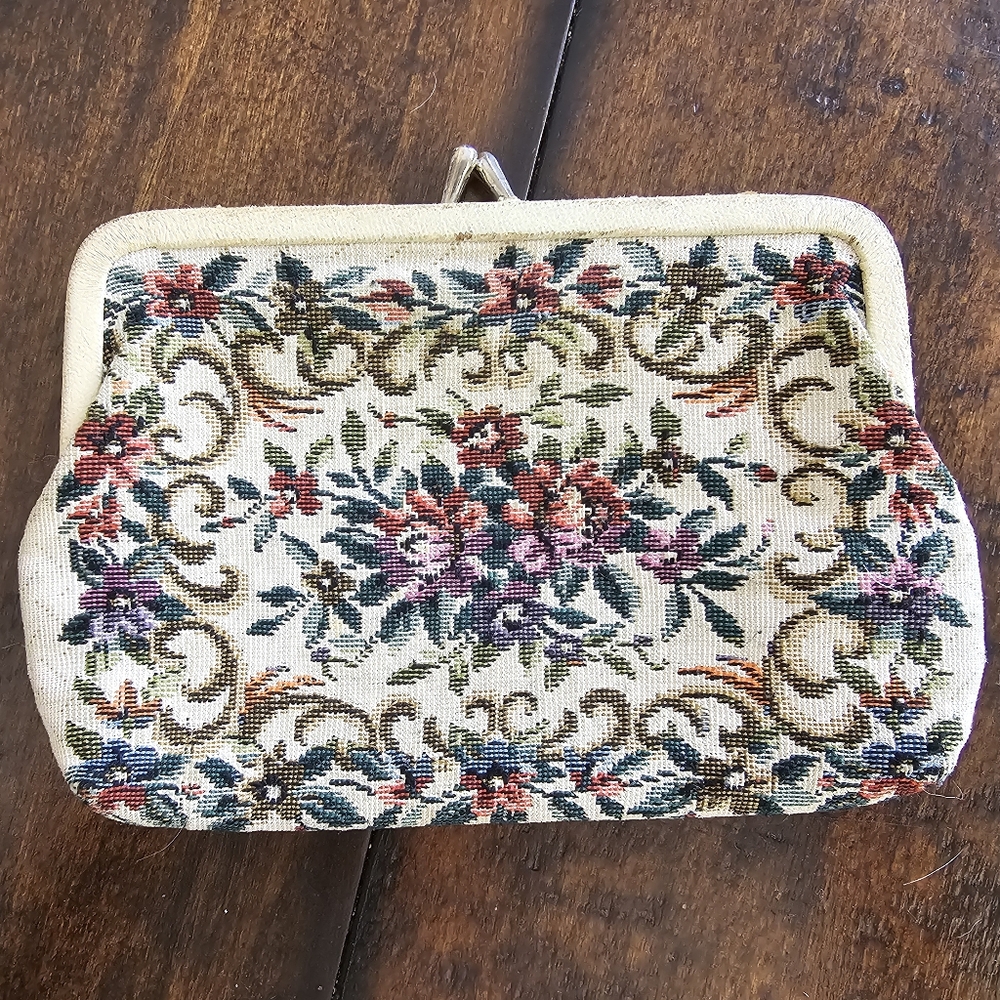 Vintage cream cross stitched embroidered floral coin purse or wallet